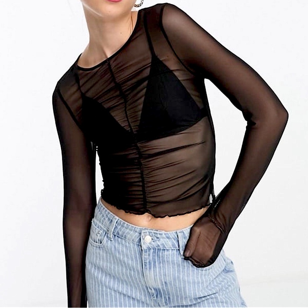 ASOS Monki long sleeve mesh top with gather front in black